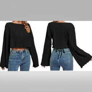 Black Bell Sleeve Crop Top with Wrap Around Tie-Waist